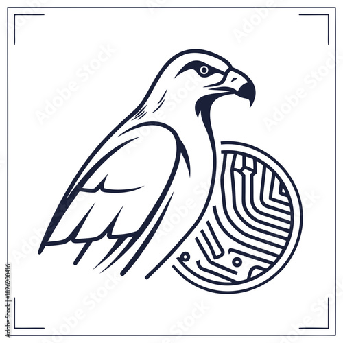 Stylized hawk or falcon bird of prey silhouette with abstract circular geometric pattern and decorative border for logo or emblem design