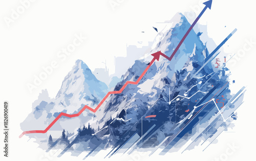 Gráfico de linha ascendente sobre montanhas nevadas, simbolizando crescimento e sucesso financeiro.