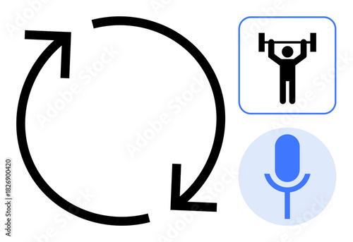 Circular arrows symbolizing process flow, weightlifting for fitness, and microphone for communication. Ideal for growth, fitness, communication, teamwork, repetition training improvement. Simple