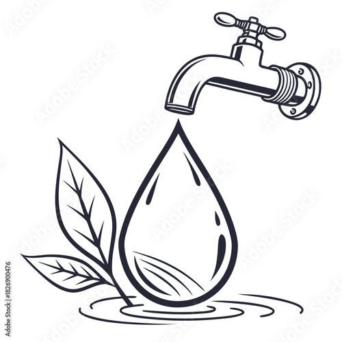 Stylized illustration of a dripping water tap with a large water droplet and green leaves symbolizing purity and nature conservation concept