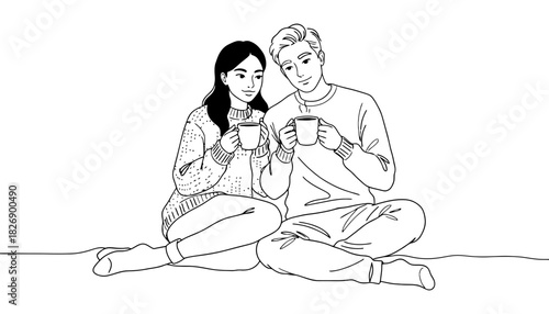 A couple sitting with mugs wearing sweaters in a black and white sketch