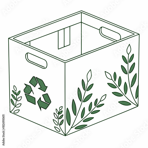 A stylized isometric illustration of an open cardboard box with a green recycling symbol on its side and decorative green leaves and branches adorning its exterior surfaces