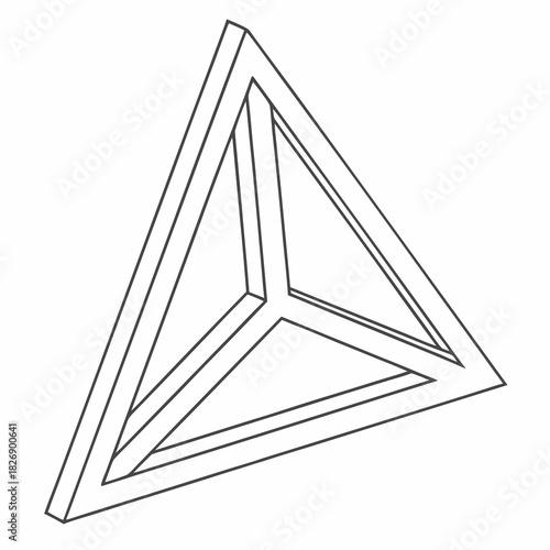 An escher like impossible geometric shape resembling a triangular prism with internal divisions creating a paradoxical visual illusion against a white background