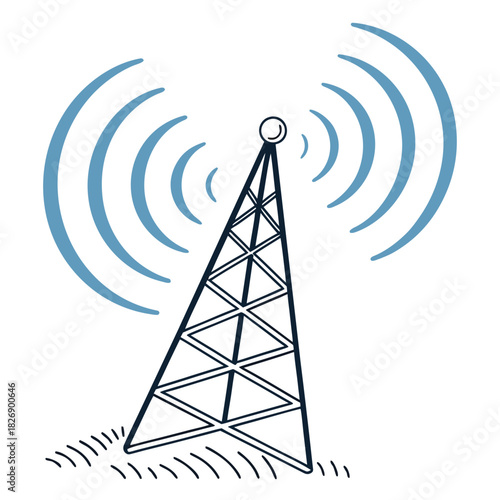 Illustration of a communication tower broadcasting radio waves or signals outwards into the surrounding environment with a simple line art style and blue wave graphics
