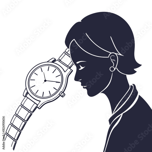 Silhouette of a woman with her eyes closed resting her forehead on a wristwatch symbolizing the passage of time and introspection