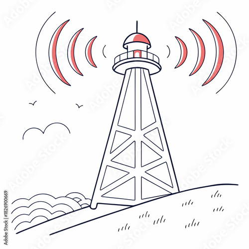 Stylized illustration of a radio tower on a hill broadcasting signals with waves and birds in the sky