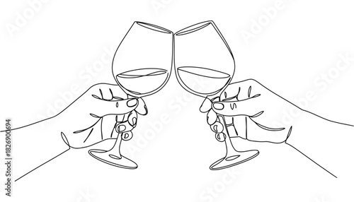 Continuous line drawing of hands toasting with wine glasses on white