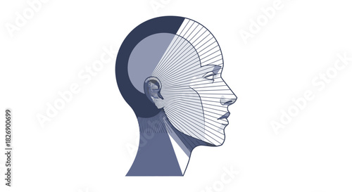A stylized illustration showcases a human head in profile, featuring intricate line work and shaded areas, creating a modern, artistic representation.