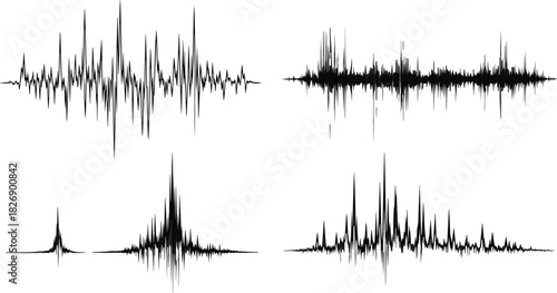 Abstract black sound wave and frequency spectrum set, digital audio data waveforms, technological signal analysis graphics, cad drawing flat vector illustration