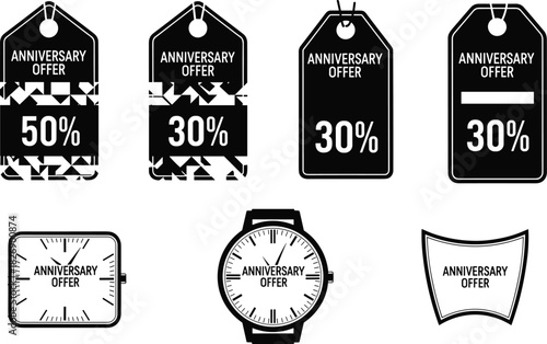 Anniversary offer sale tags and watch face icons set, black monochrome discount symbols, retail promotion badge collection, cad drawing flat vector illustration