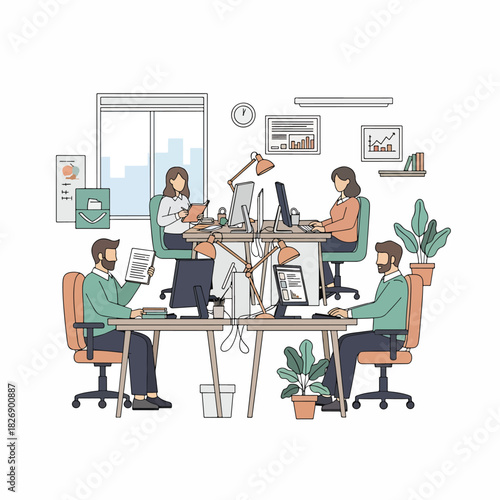 Illustration of people working together in a modern office environment with desks and computers
