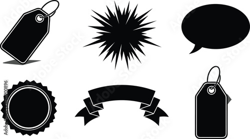 Black monochrome sales and marketing elements set, starburst ribbon price tag, speech bubble badge vector, graphic design overlays, cad drawing flat vector illustration