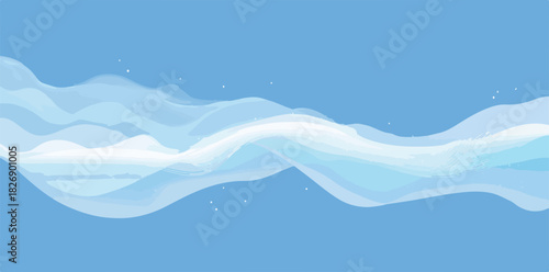 Onda de luz azul abstrata e fluida com partículas flutuantes em um fundo simples.