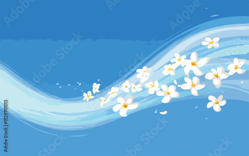 Onda suave de flores brancas sobre um fundo azul vibrante, representando a natureza e a leveza.