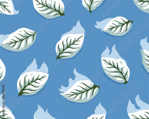 Padrão de folhas brancas com veios verdes sobre fundo azul claro, ilustração vetorial.