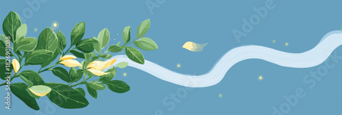 Um ramo de folhas verdes e flores amarelas flutua suavemente com uma brisa leve sobre um fundo azul sereno.