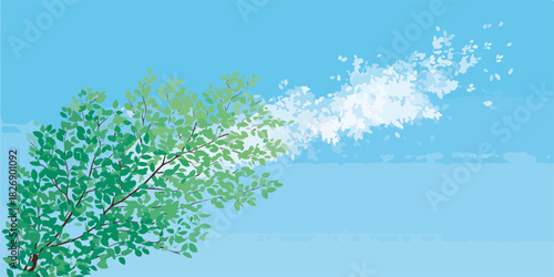 Árvore verde se desintegrando em partículas brancas contra um céu azul claro, simbolizando transformação e mudança.