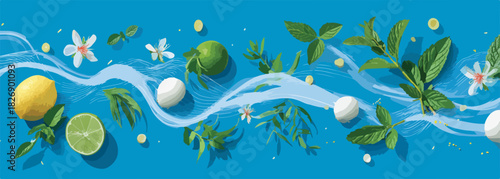 Vetor de elementos refrescantes como limão, lima, hortelã e flores brancas sobre fundo azul