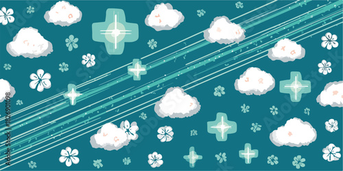 Fundo abstrato com nuvens fofas, flores delicadas e estrelas brilhantes em tons de azul e branco.