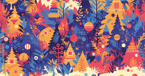 Ilustração abstrata com elementos da natureza e formas geométricas em cores vibrantes.