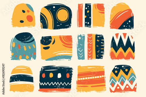 Coleção de formas abstratas e padrões geométricos em tons terrosos e vibrantes, com textura de aquarela