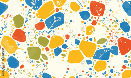 Padrão abstrato e colorido com formas geométricas e elementos botânicos delicados, ideal para design gráfico.