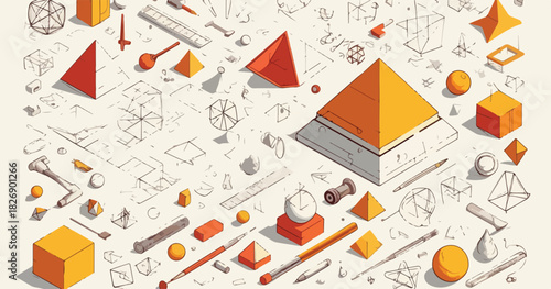 Padrão isométrico abstrato com formas geométricas, linhas de desenho e ferramentas de engenharia, vetor