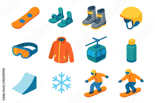 Isometric winter sports gear with snowboarding equipment and ski accessories