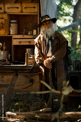 Wallpaper Mural A senior cowboy aiming rifles in a forest camp Torontodigital.ca