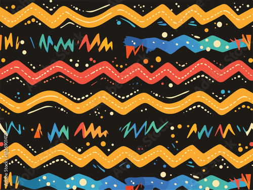 Padrão abstrato com linhas onduladas e formas geométricas em cores vibrantes sobre fundo escuro.