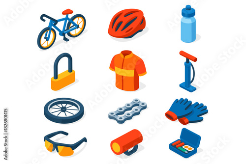 Isometric bicycle gear and accessories set including helmet, pump, and tools