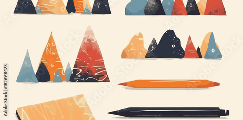 Ilustração vetorial abstrata de montanhas coloridas e ferramentas de desenho como lápis e caneta.