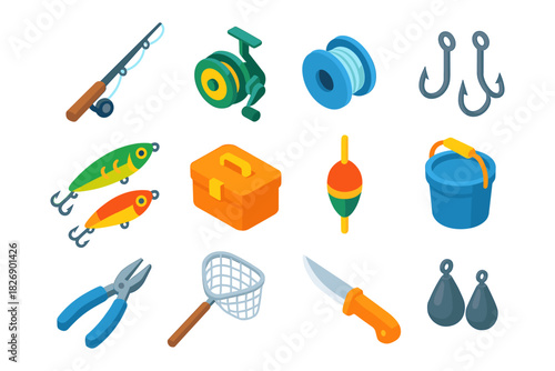 Fishing equipment set featuring isometric icons of rods, hooks, bait, and tools for anglers