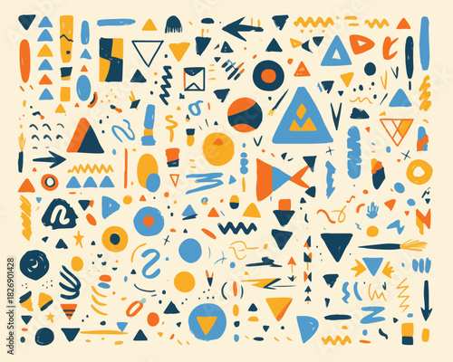 Padrão abstrato com formas geométricas coloridas e elementos orgânicos em estilo doodle, vetor.