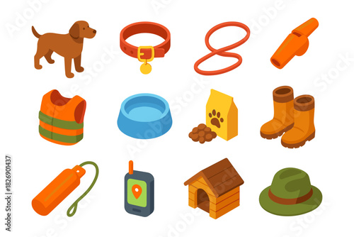 Isometric pet care essentials: dog accessories and training gear icons