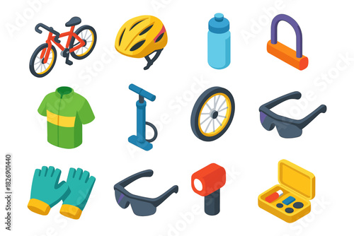 Isometric cycling equipment icons featuring helmet, bicycle, and accessories