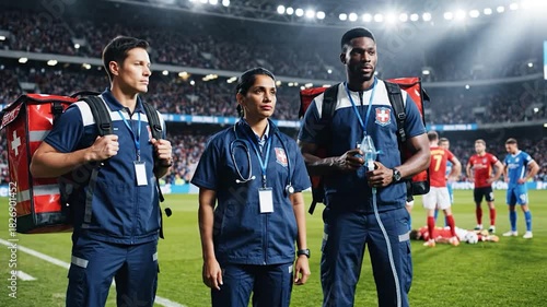 Sports Medical Team Ready on Field During Game.