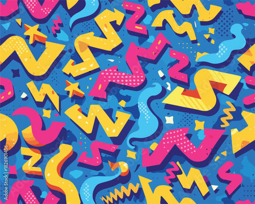 Padrão abstrato vibrante com formas geométricas coloridas e elementos gráficos dinâmicos, vetor