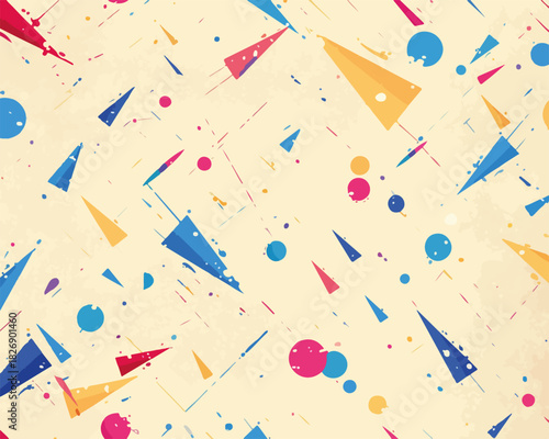 Padrão abstrato de formas geométricas coloridas e salpicos de tinta em tons pastel, com textura sutil.