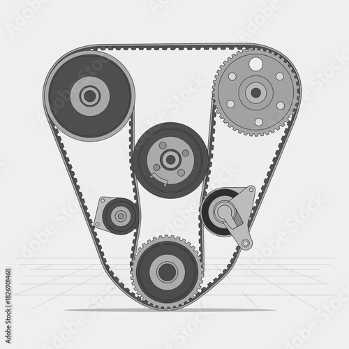 Diagram of a Timing Belt System with Gears and Pulleys