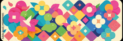 Padrão floral abstrato com formas geométricas coloridas e elementos orgânicos em tons vibrantes.