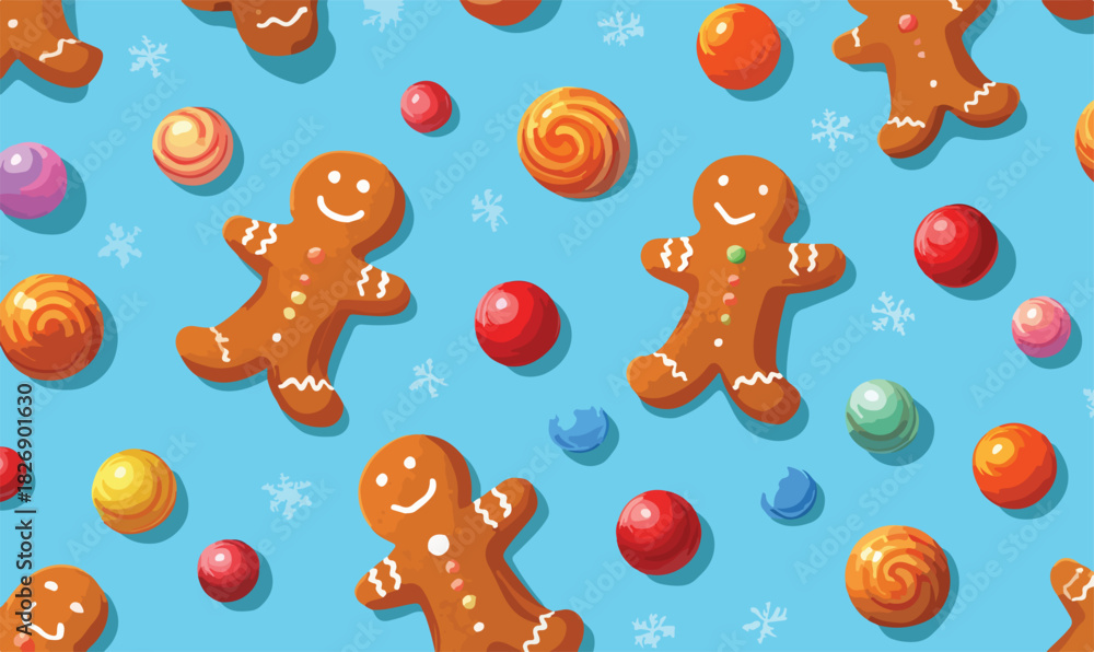Naklejka premium Padrão de biscoitos de gengibre e doces coloridos em um fundo azul claro, ilustração vetorial festiva.