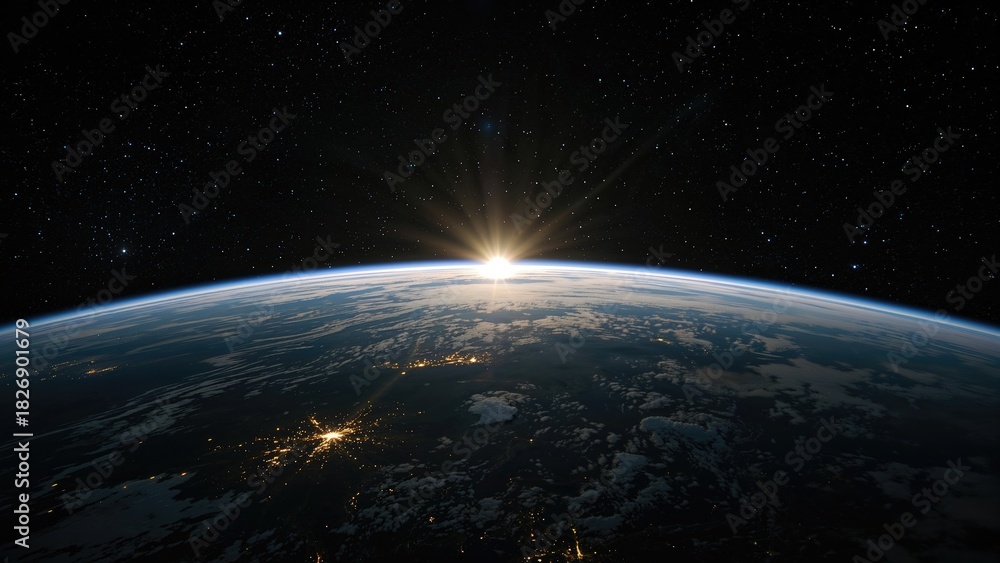 Obraz premium Earth from space at sunrise with visible city lights and starry night sky. Space and Earth, sunrise, night lights, view from orbit.