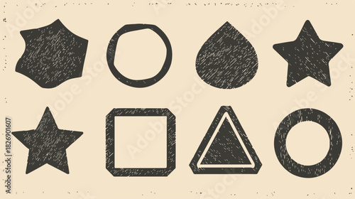 Conjunto de formas geométricas desenhadas à mão com textura de giz, em fundo bege.