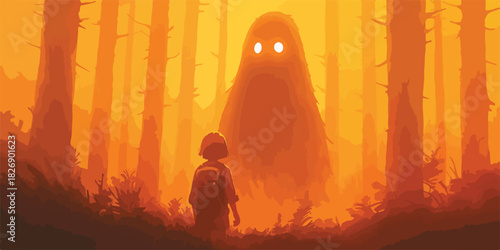 Criança com mochila encontra criatura misteriosa com olhos brilhantes em uma floresta laranja.