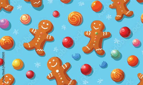 Padrão de biscoitos de gengibre e doces coloridos em um fundo azul claro, ilustração vetorial festiva.
