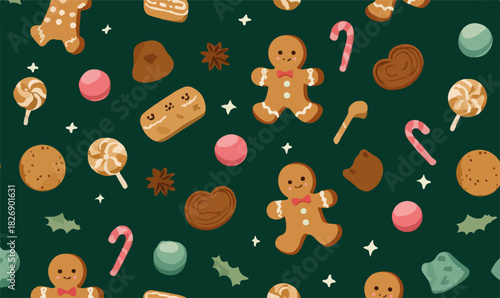 Padrão de biscoitos de gengibre festivos e doces, com bastões de doces e enfeites em um fundo verde escuro.