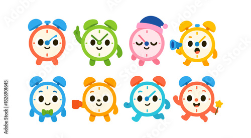 Cute cartoon alarm clocks with happy faces in various colors and styles