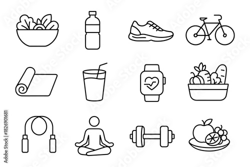 Linear icons of healthy lifestyle: exercise, nutrition, and wellness essentials