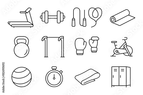 Linear fitness equipment icons: dumbbell, treadmill, boxing gloves, yoga mat, jump rope